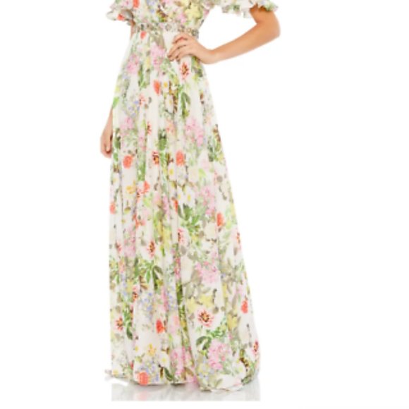 MAC DUGGAL FLORAL MULTI  PRINT FLUTTER SLEEVE EMBELLISHED WAIST GOWN sz 8 - Picture 5 of 7